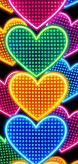 Colorful neon hearts on black background, vibrant design.