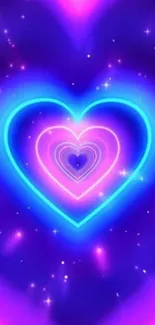 Vibrant neon heart wallpaper with a colorful, glowing design in purple and pink hues.