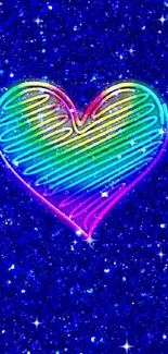 Vibrant neon heart on a blue glitter background.