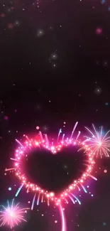 Neon heart wallpaper with fireworks display.