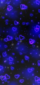 Glowing neon hearts on dark black background wallpaper.