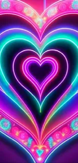 Vibrant neon heart mobile wallpaper with glowing colors.