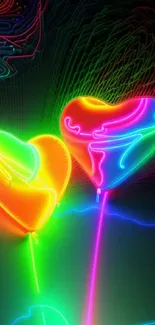 Vibrant neon heart balloons on dark background, glowing with vivid colors.