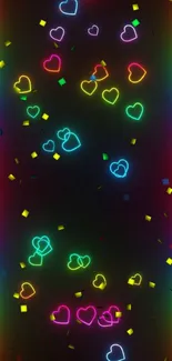 Neon hearts glowing on a black background mobile wallpaper.