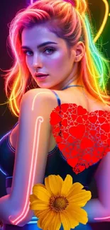 Vibrant neon-themed wallpaper with heart and flower design.