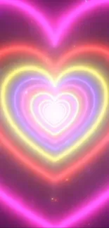 Vibrant neon heart with multicolored glowing rings.