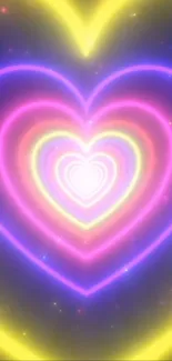 Vibrant neon heart wallpaper with colorful glowing hearts.