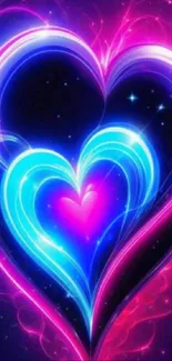 Neon heart wallpaper with vibrant pinks and blues.