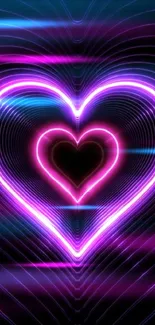 Neon purple heart with glowing lines on dark background.