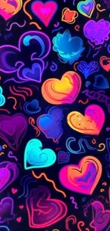 Colorful neon hearts pattern on dark background.