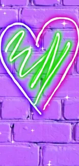 Neon heart graffiti on a purple brick wall art wallpaper.