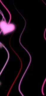 Neon heart wallpaper with glowing pink lines on black background.