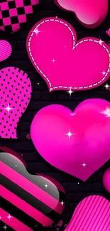 Neon pink hearts on a dark background wallpaper.