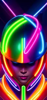 Futuristic neon helmet design with vivid colors on a mobile wallpaper.