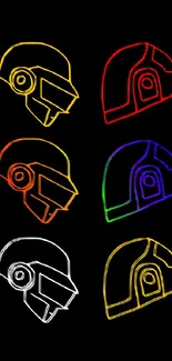 Vibrant neon helmets on black background, phone wallpaper.