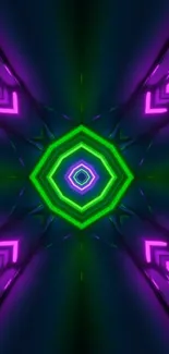 Vibrant neon wallpaper with glowing hexagon design in green and purple hues.