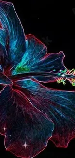 Vibrant neon-colored hibiscus flower art on a black background.