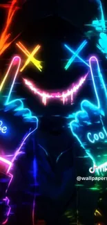 Neon hooded figure with glowing smile and colorful lights.