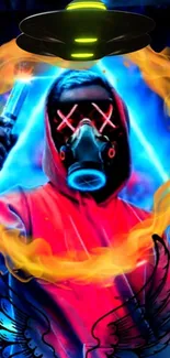 Colorful neon wallpaper with a hooded, masked character and flames.