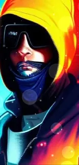 Colorful artwork featuring a character in a neon hoodie with vibrant colors.