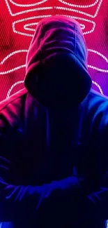 Mystical hoodie silhouette with neon backdrop.