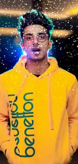 Stylish individual in a yellow hoodie with glowing neon and particles.