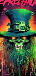 Vibrant neon horror artwork with skull and green hat.