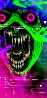 Neon horror wallpaper featuring a vibrant, eerie face with sharp teeth.