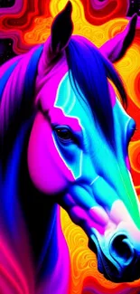 Vibrant neon horse art with colorful abstract background.