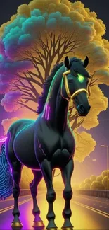 Vibrant neon horse in a surreal landscape with glowing colors.