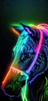 Vibrant neon horse outline on black background