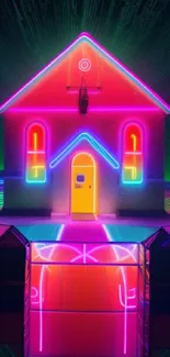 Neon-lit house with vibrant colors and glowing light trails.