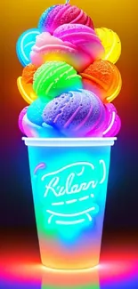 Colorful neon ice cream in a glowing cup design.