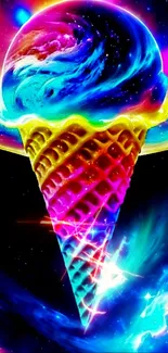 Vibrant neon ice cream cone in cosmic colors on a dark background.