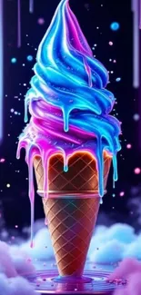Vibrant neon ice cream cone with blue and pink colors.