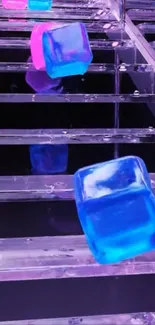 Neon blue and pink ice cubes cascading on glass steps.