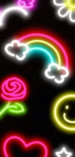 Neon icons on black wallpaper with rainbow and smiling face.