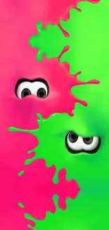 Neon pink and green ink splash wallpaper with cartoon eyes peeking through.