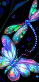 Colorful neon butterfly and dragonfly on black background.