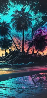 Vibrant neon island with palm trees and colorful sky.