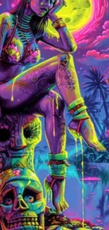 Vibrant neon phone wallpaper with surreal tropical scene.