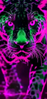 Neon jaguar in vibrant purple and green hues, captivating mobile wallpaper design.