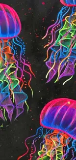 Vibrant neon jellyfish on dark background wallpaper.