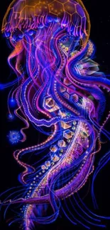 Colorful neon jellyfish glowing in dark artistic wallpaper.