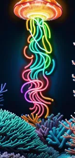 Neon jellyfish and coral wallpaper design in vibrant colors.