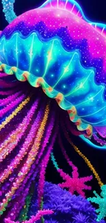 Vibrant neon jellyfish artwork with colorful tendrils against a dark background.