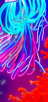 Neon jellyfish artwork with vivid colors set against a deep ocean background.