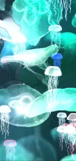 Vibrant neon jellyfish wallpaper with glowing aquatic visuals for mobile screens.