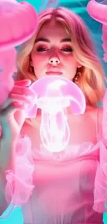 Woman surrounded by glowing pink jellyfish in neon.