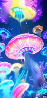 Colorful neon jellyfish floating in a vibrant underwater scene.